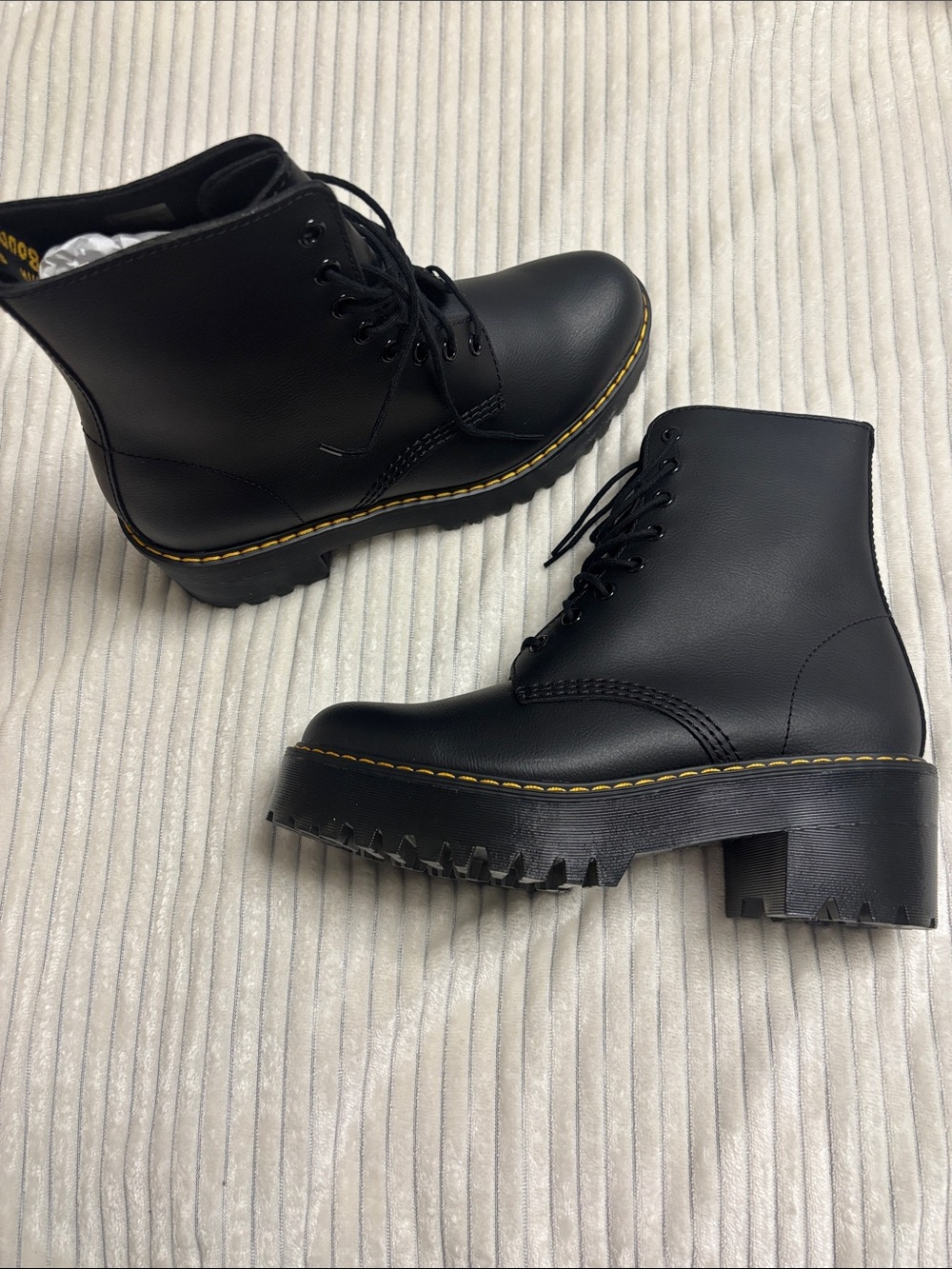 Dr. Martens Black Lace-Up Platform Moto Boots with Yellow Stitching